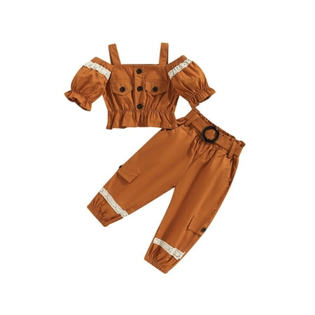 

Bagilaanoe 2pcs Toddler Baby Girl Long Pants Set Short Sleeve Cold Shoulder Tops + Trousers 1T 2T 3T 4T 5T 6T Kids Casual Outfits
