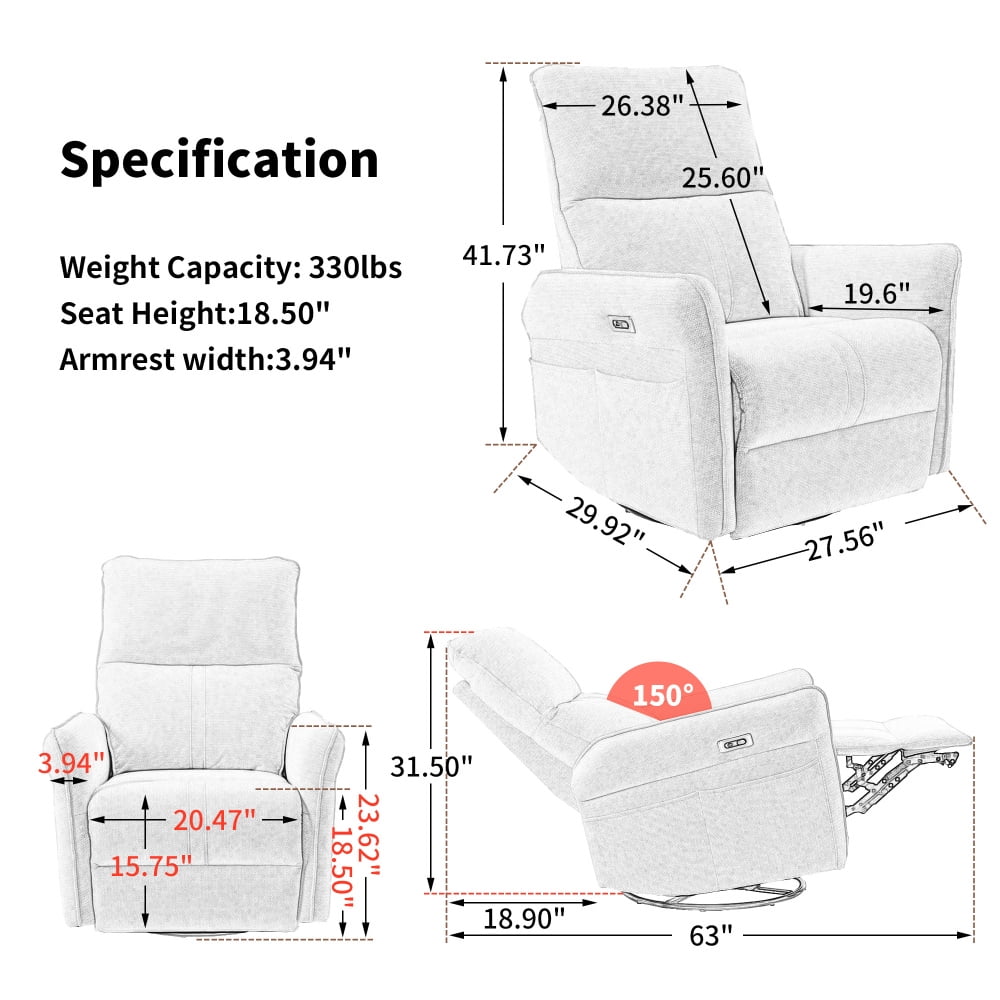 Power Swivel Rocker Recliner Chair for Adults, 270° Swivel Rocking Recliner Chair,Electric Small Recliners for Small Spaces, Single Sofa Recliner for Living Room, Bedroom,RV (Blue-gray+270° Swivel)