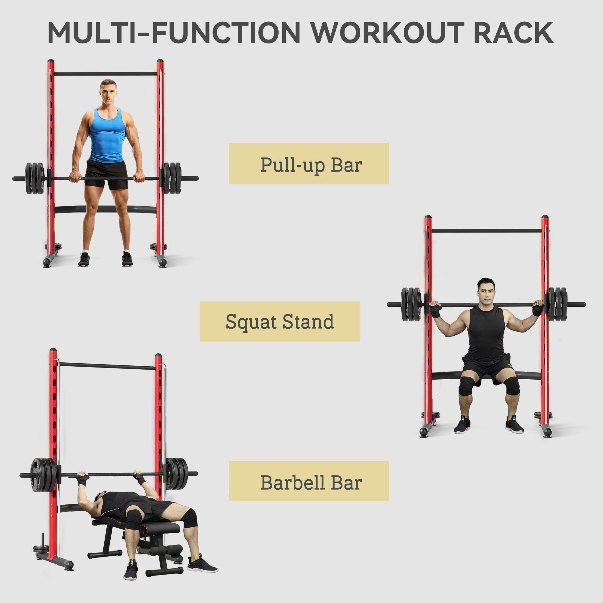 Squat Rack with Pull Up Bar & Adjustable Bench, Half Rack for Weight Lifting, Red