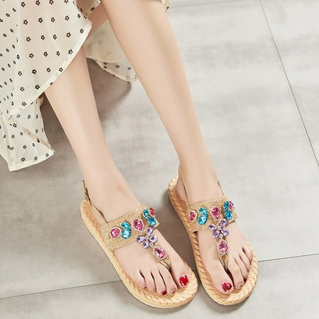 

〖Yilirongyumm〗 Multicolor 39 Sandals Women Sandals Slipon Flat Breathable Women s Bow Open Beach Weave Slippers Toe Shoes Rhinestone Summer Women s Sandals