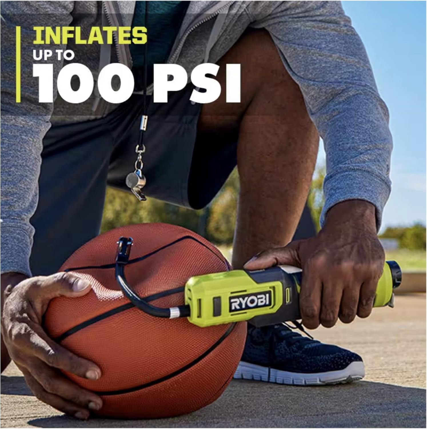 High Pressure Inflator Bundle with Ryobi Inflator, USB Lithium Battery and Buho Zipper Tool Pouch - Inflates Up To 100 PSI - Ideal for Bicycle Tires, Sports Balls, and Similar Products
