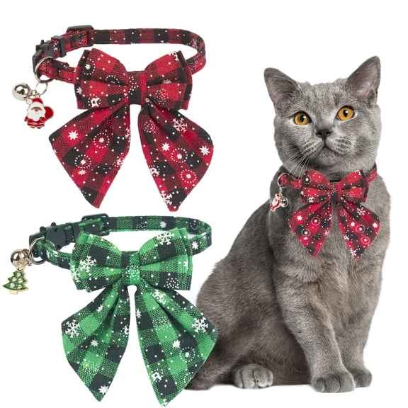 Mumup 2Pack Christmas Cat Collars Breakaway with Stylish Bow, 2 Pack Red Green Plaid Xmas Kitten Collar with Bell, Removable Bowtie Christmas Collar for Cats