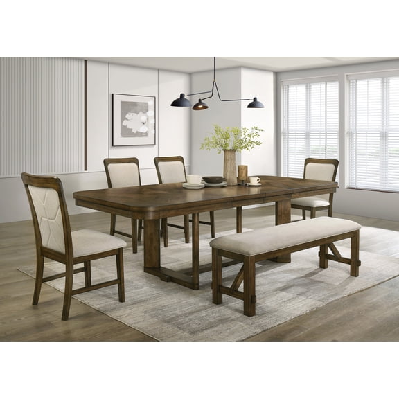 6pc Dining Set Extendable Table Upholstered Chair Bench Wooden Furniture Brown