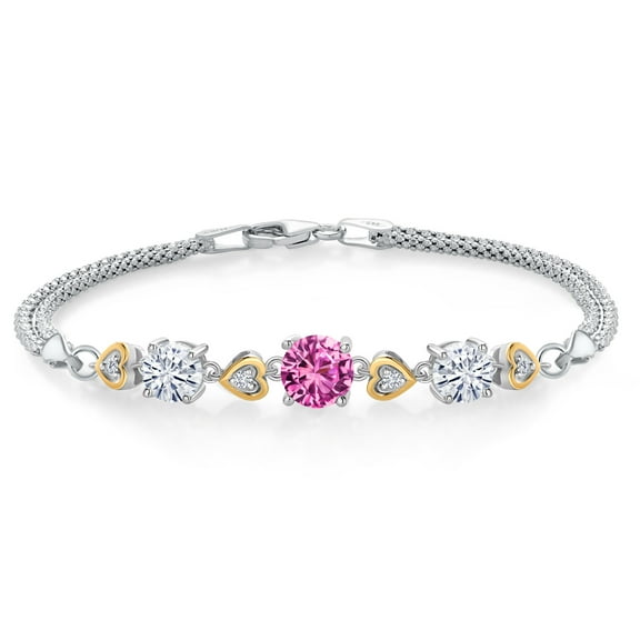 925 Sterling Silver and 10k Yellow Gold Pink Created Sapphire White Moissanite and White Lab Grown Diamond Bracelet for Women (3.34 Cttw, Round 7MM and 6MM, 6.5/7/7.5 inch, Made in Italy)