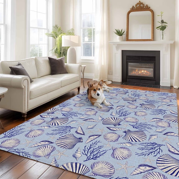 6'x9' Area Rugs, Coastal Seashells Indoor Outdoor Area Rug for Living Room Bedroom, Summer Nautical Coral Vintage Rustic Washable Bathroom Rugs Kitchen Floor Carpet Mats Home Decor Aesthetic