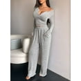 thumbnail image 5 of Women'S 2 Piece Matching Lounge Sets Long Sleeve Henley Neck Slightly Crop Top Wide Leg Pants Sweat Suit Gray L, 5 of 9