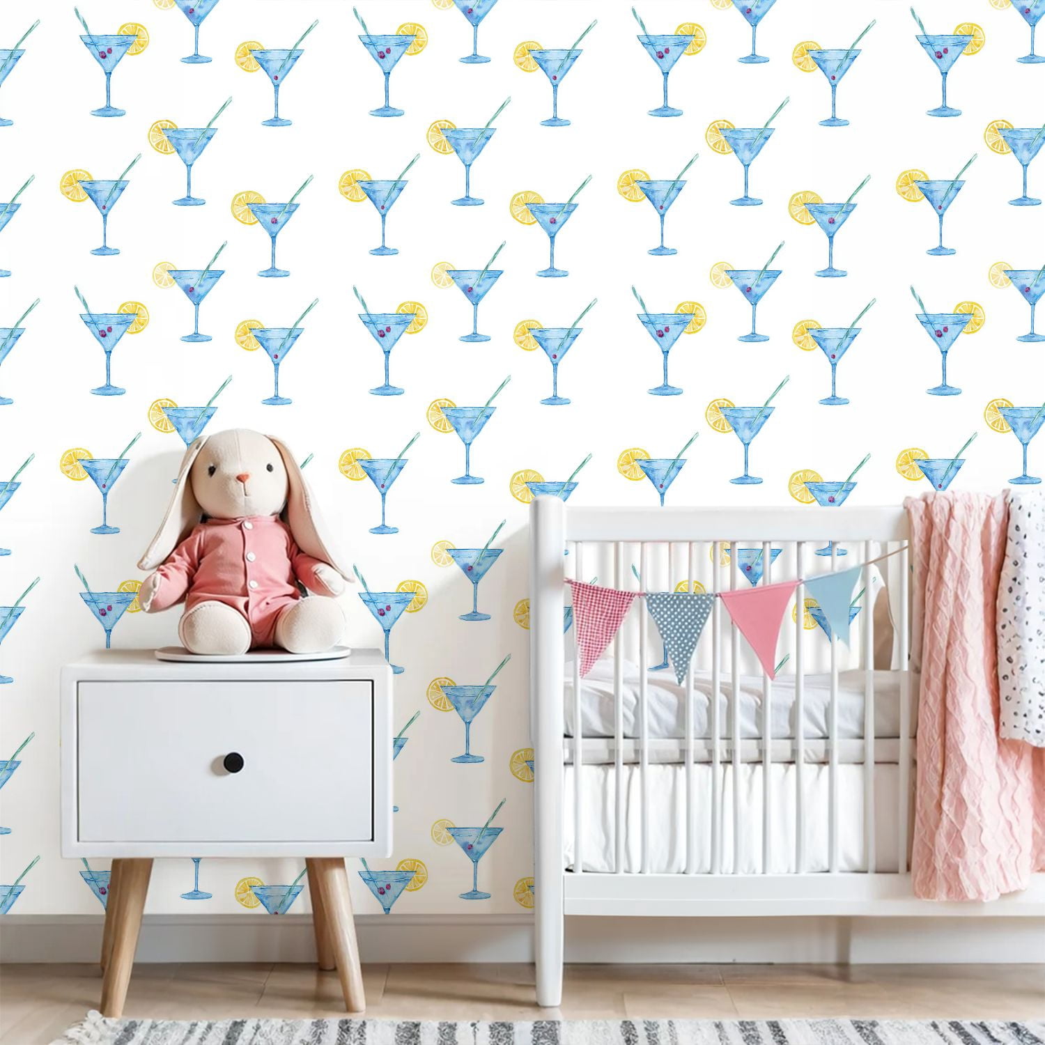 Peel and Stick Wallpaper Watercolor Martini Glasses Lemon Straw Wall Mural 23.6in x 9.8ft Self Adhesive Removable Wall Paper Renter Friendly Wallpaper for Nursery Bedroom Cabinets