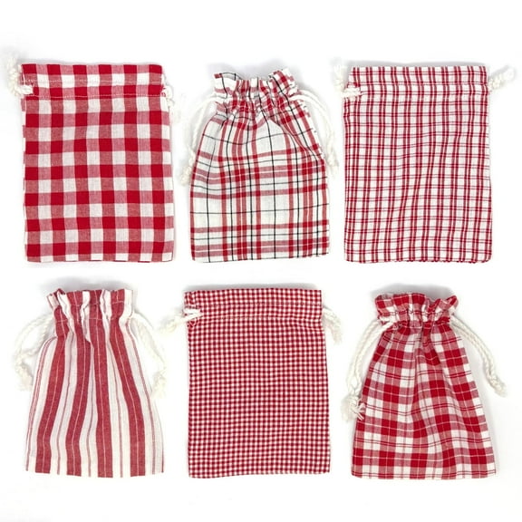 Perfect Red Plaid Homespun Fabric Small Gift Bag; 6" x 4.5" - Set of 6