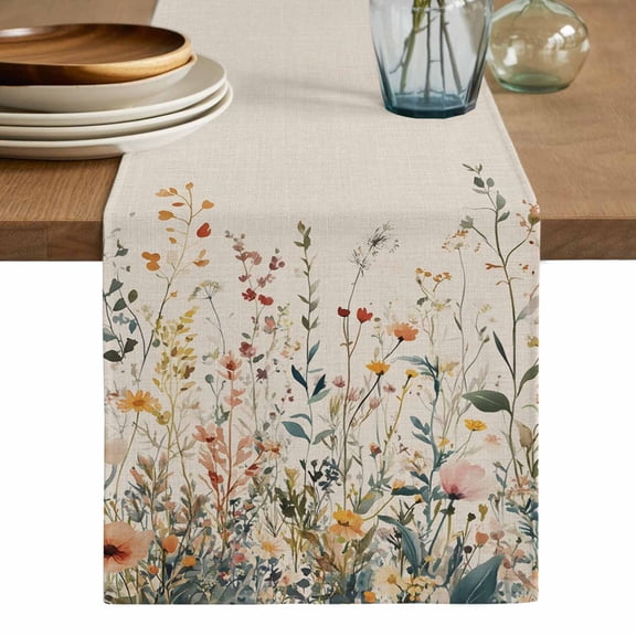 Vintage Botanical Table Runner, Spring Floral Summer Botanical Rustic Washable Cotton Linen Table Runners 60 Inches Long, Dresser Scarf Runner for Coffee/TV Stands/Kitchen/Cabinets 13''x60''