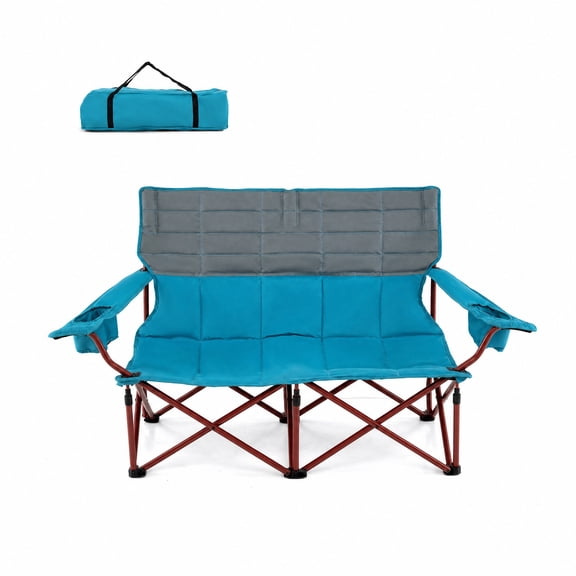 Vebreda Oversized Camping Chair Folding Loveseat Couch with Dual Cup Holders and Thick Padding for Backyard Beach and Tailgating, Blue