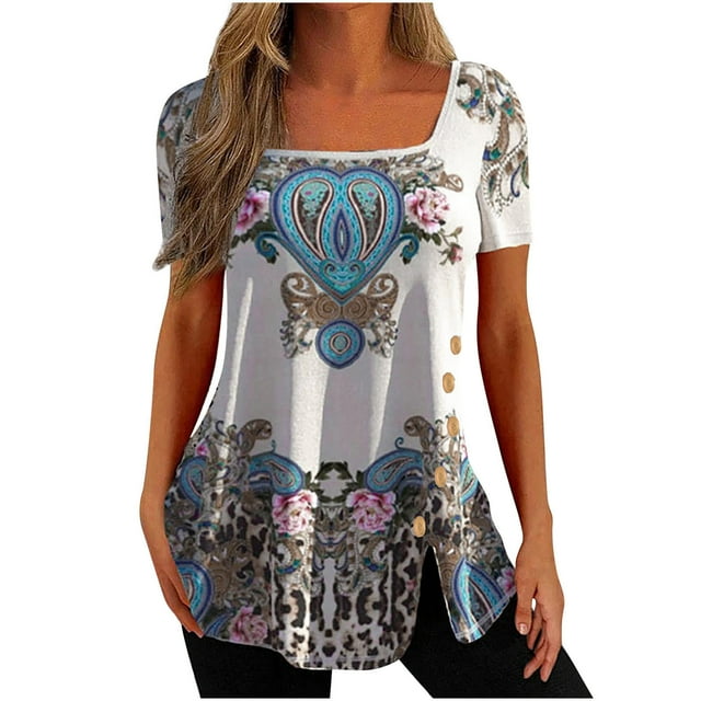 DPTALR Woman Causal Printing Blouse Short Sleeve T-Shirt Summer Button Tops
