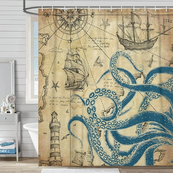 Funny Nautical Octopus Shower Curtain, Cool Coastal Ocean Beach Fabric Shower Curtains Set for Mens Boys Kids Bathroom Decorative, Fun Navy Blue Vintage Restroom Decor Accessories 72X 72 Inch