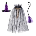 thumbnail image 2 of 3-Piece Halloween Costume Set with Spider Web Mesh Cape Witch Hat and Wizard Broom for Role Play Carnival Stage Performance Party Props Accessory One Size, 2 of 4