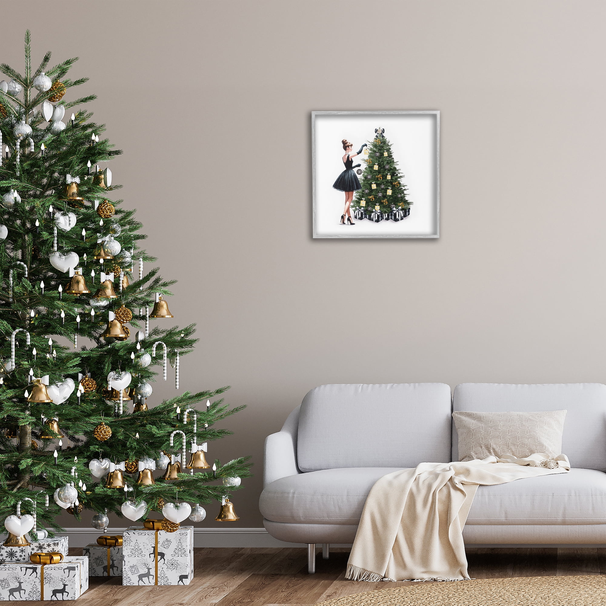 Stupell Industries Trendy Christmas Tree Holiday Painting Gray Framed Art Prints Wall Art, 24 x 24