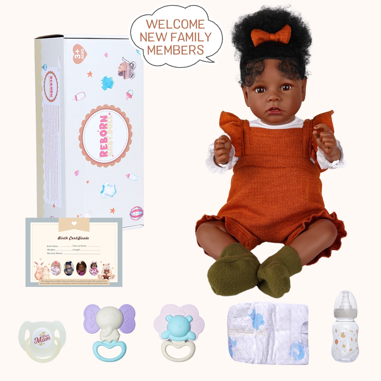BABESIDE Reborn Dolls Black with Soft Cloth Body African American-Girl Doll 20 Inch Best Birthday Gift Set and Toy Accessories Gift for Kids Age 3