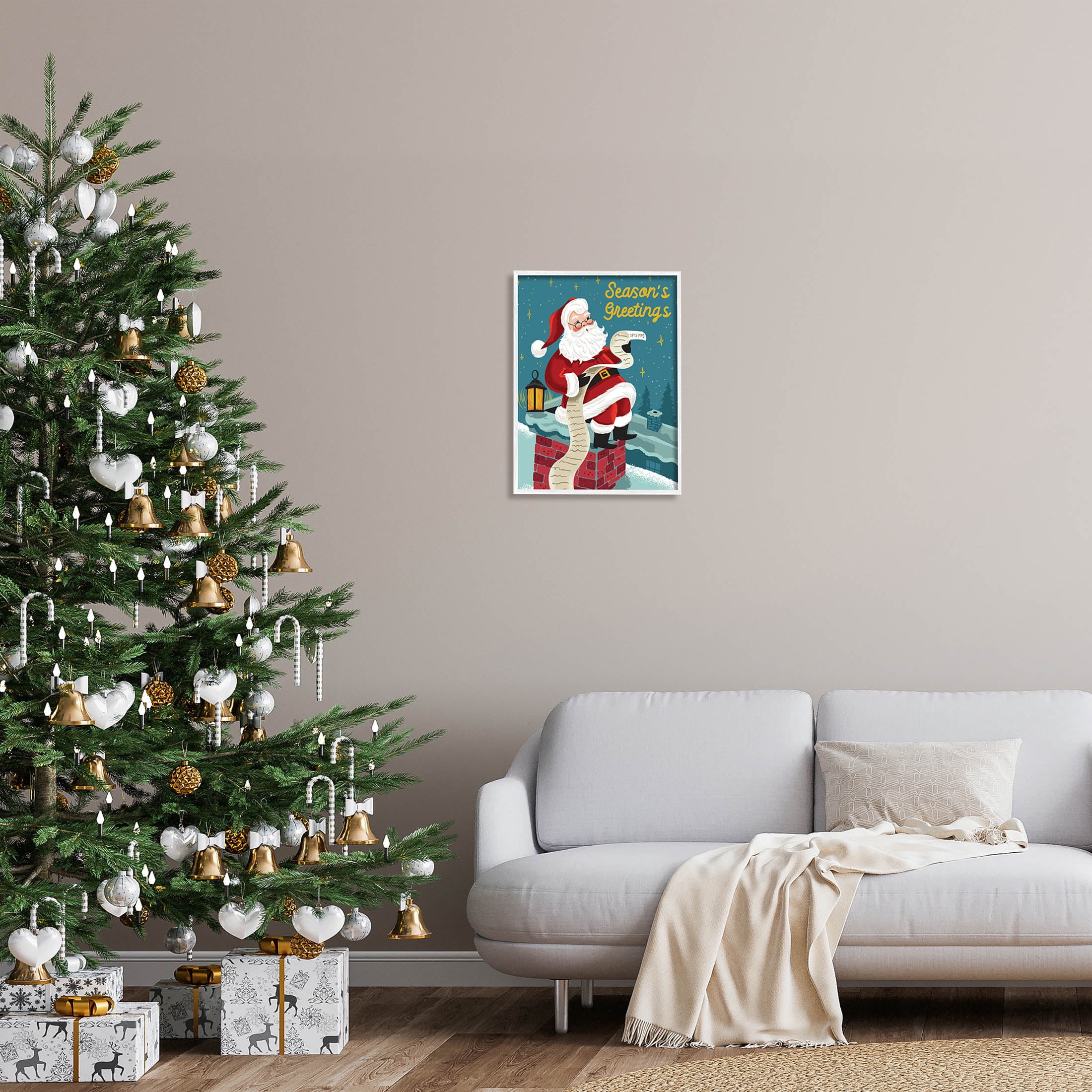Season's Greetings Santa's List Chimney Holiday Graphic Art White Framed Art Print Wall Art