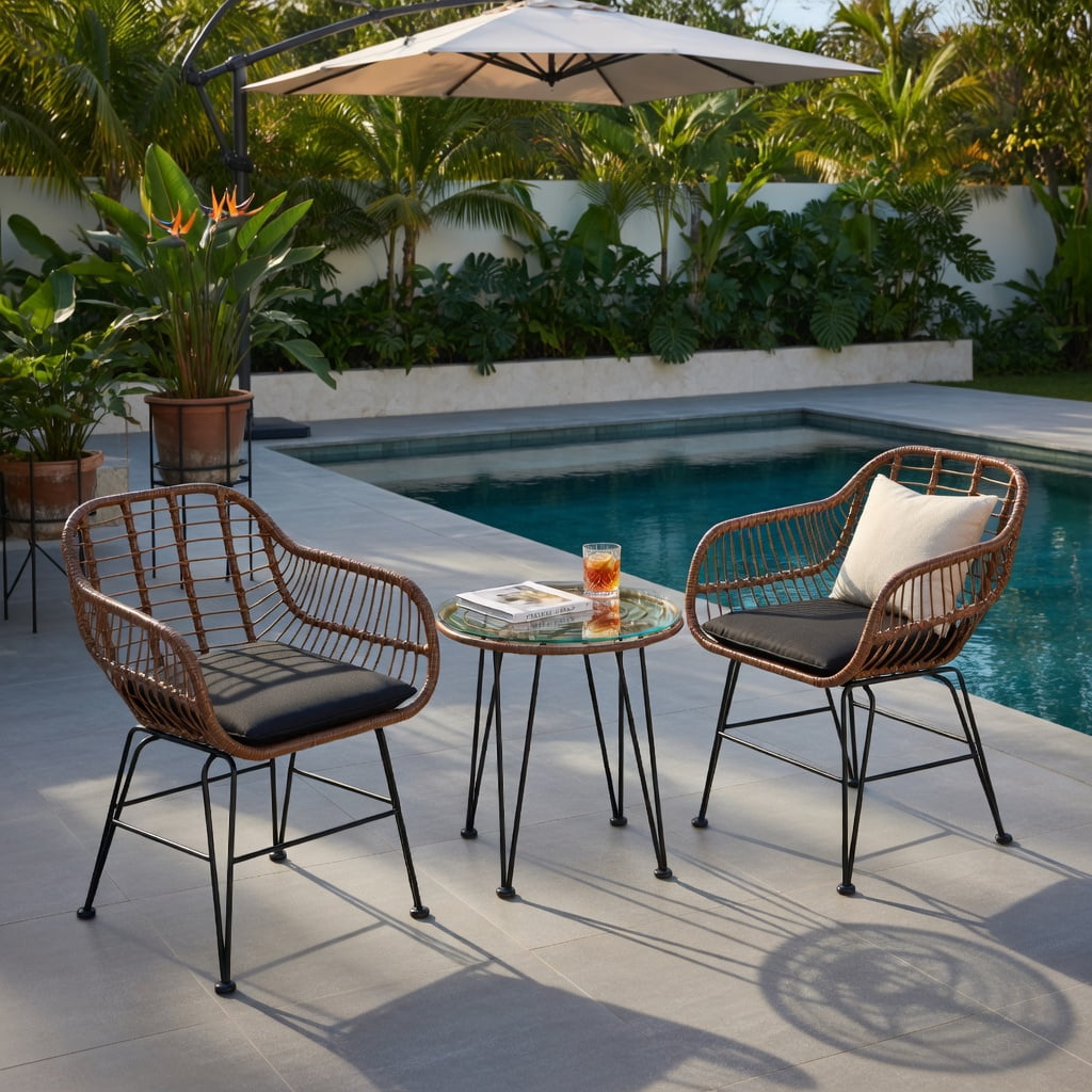 Hommoo 3-Piece Outdoor Rattan Bistro Set with Removable Cushions, Steel Frame, Tempered Glass Table, Patio & Balcony Seating, Black