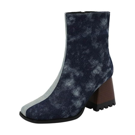 

hopeusnice Women s Trendy Snakeskin Pattern Ankle Boots Fashion Block Heel Square Toe Chunky High Heel Zipper Boots Fall Winter Shoes Blue 41