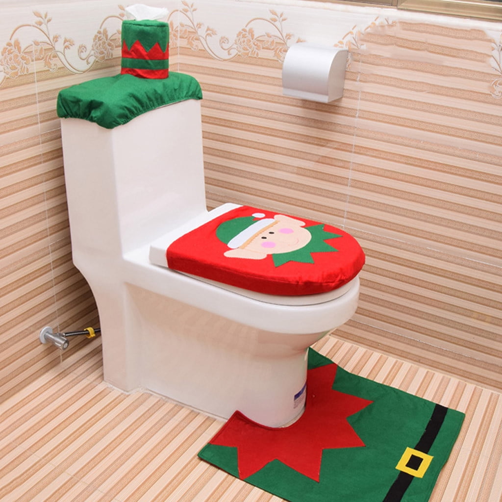 Reindeer Elf 3PC Set Christmas Decoration Toilet Seat Cover Set Santa Snowman 