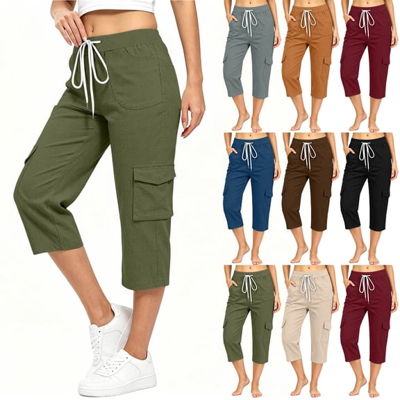 VBVC Women's Drawstring Cargo Capri Pants, Casual Breathable Mid Calf Utility Trousers For Women, Ladies' Outdoor Hiking Pants with Pockets,Army Green,S-3XL