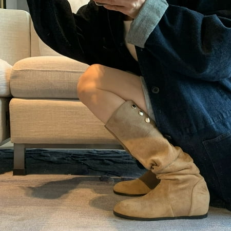 

HHH Retro Pile Style Boots Women s round Toe Pleated Two-Way Folding Western Cowboy Boot Height Increasing Insole Boots