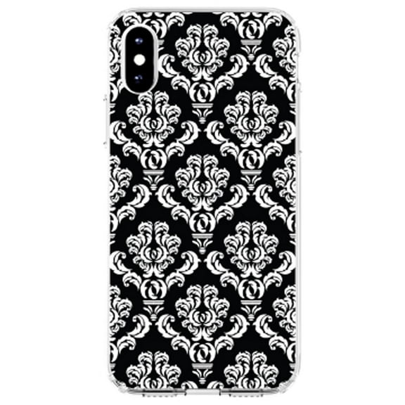 DistinctInk Clear Shockproof Hybrid Case for iPhone XS Max (6.5" Screen) - TPU Bumper, Acrylic Back, Tempered Glass Screen Protector - Black White Damask Pattern - Floral Damask Pattern