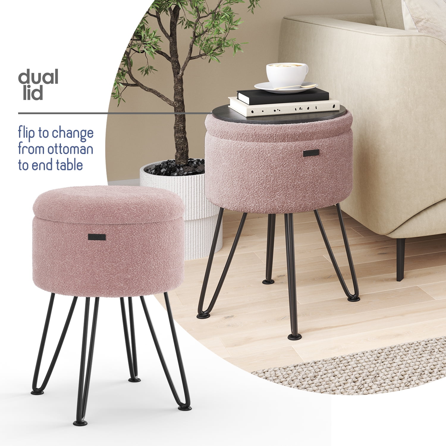 LammaLoe Small Round Ottoman with Storage, Boucle Ottoman Foot Stool with Lid, Upholstered Vanity Stool for Living Room & Bedroom, Pink