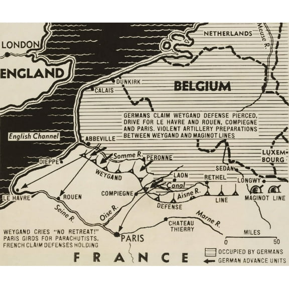 Map Of German World War 2 Invasion And Allied Resistance In Early June 1940. The British Evacuated Over 330 History (24 x 18)