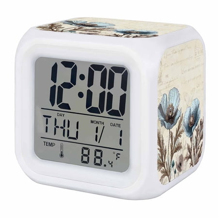 Vintage Flowers Digital Alarm Clock for Bedrooms,Smart LED Alarm Clock with 7 Color Changing Night Light,Teal Blue Floral Brown Butterfly Leaf Silent Wake Up Clocks for Sleep Study Cooking 3.2x3.2