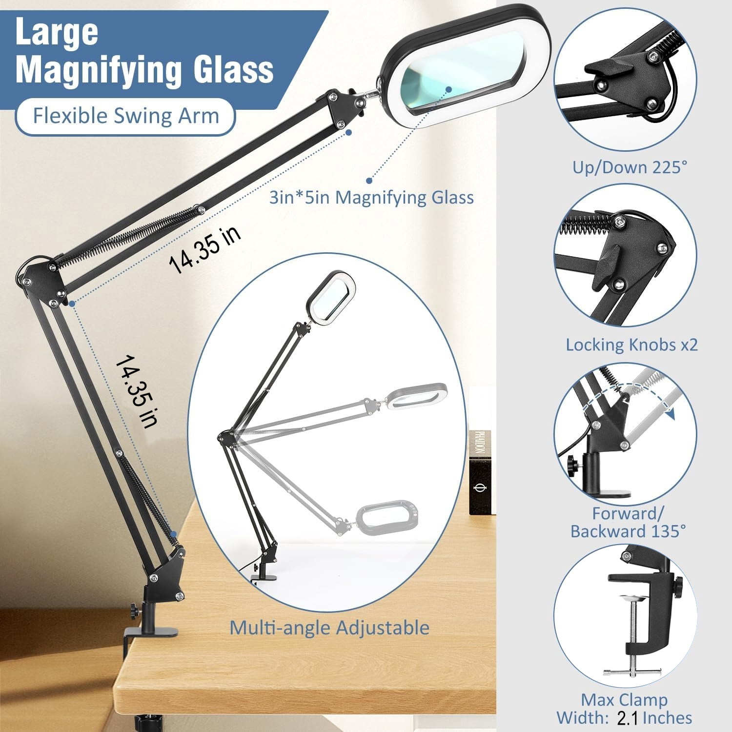 Large Magnifying Glass with Light and Clamp,  Optical Glass Lens, 5 Color Modes, Stepless Dimmable, LED 2*14 Inch Swing Arm Lighted Magnifier Hands Free for Crafts, Reading