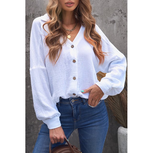 ABPHQTO Camisa blanca con puños arrugados y cuello en V para mujer