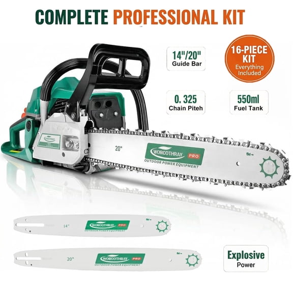 Elleree 16Pcs 62CC 2-Stroke Gasoline Gas Chainsaw Complete Kit,20 Inch & 14 Inch Dual Bar Top Handle Gas Powered Chain Saw for Wood Cutting and Tree Trimming