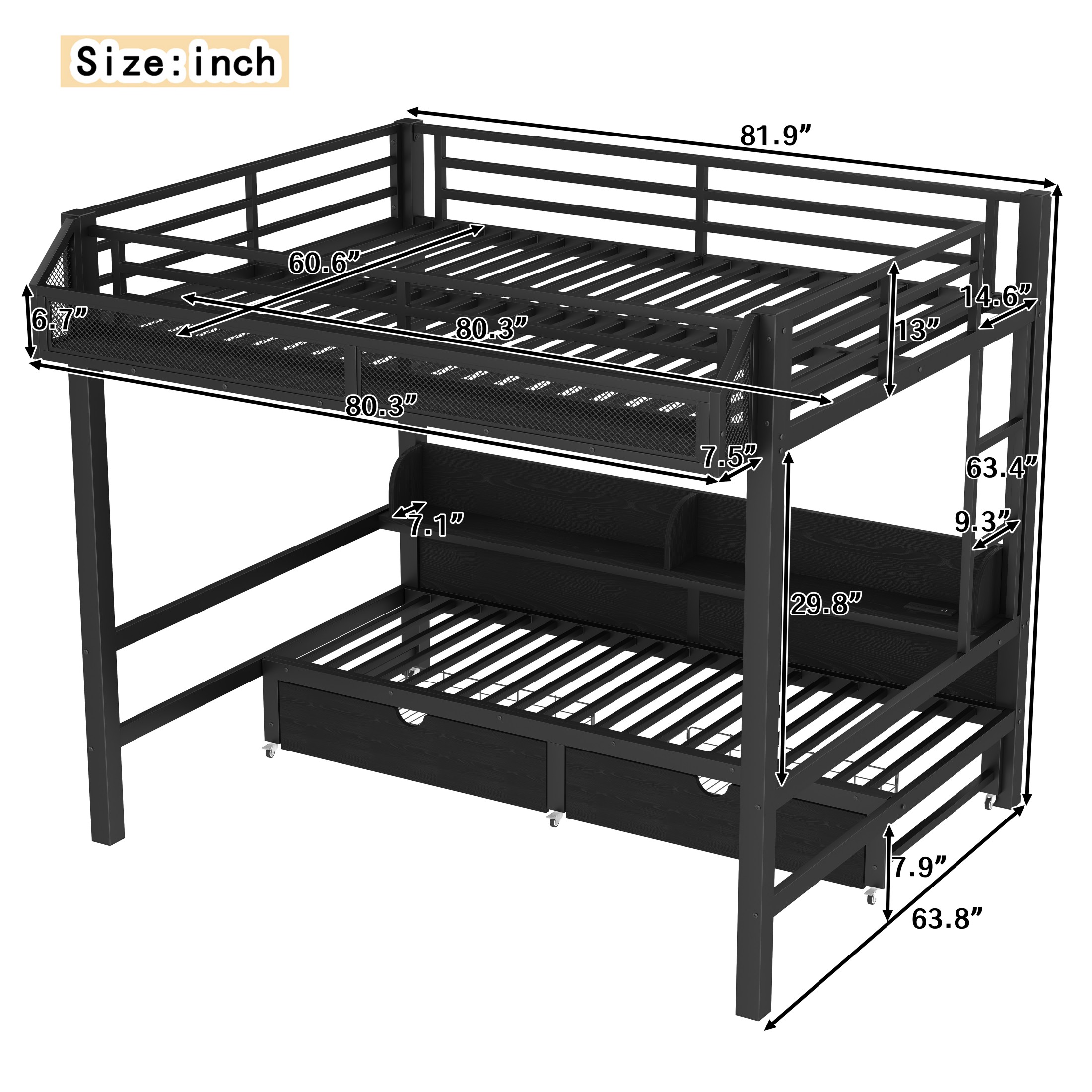 Aukfa Queen over Queen Metal Bunk Bed with Storage Drawers, Shelves, USB Ports & LED Lights, Convertible Bottom Sofa Bed, Heavy-Duty Bed Frame for Kids Teens Adults, Black