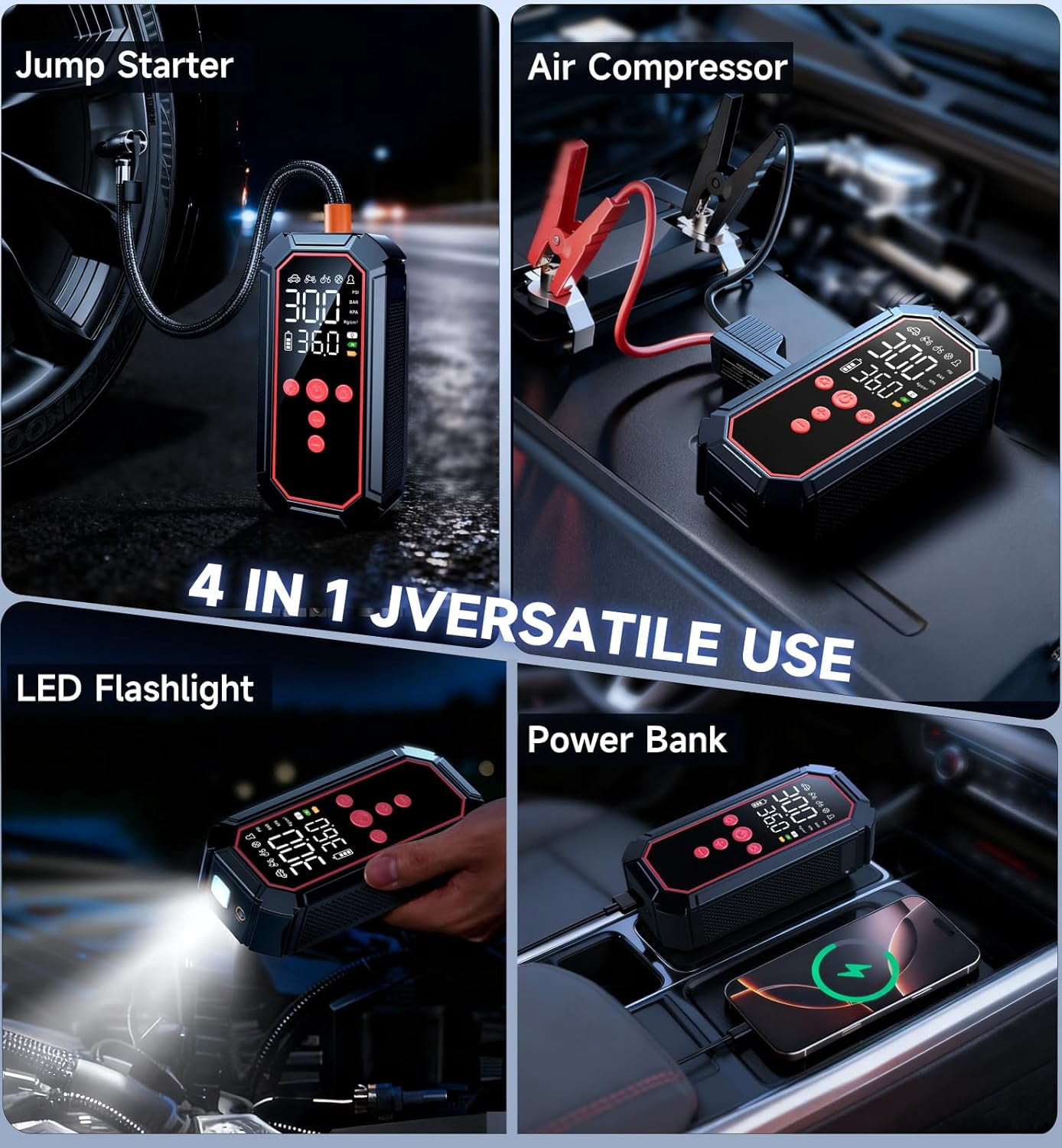 Jump Starter with Air Compressor 4000A Peak, Car Battery Jump Starter Portable (All Gas/10L Diesel),160PSI 12V Automobile Jump Box Pack Chargers with Jumper Cables 4-Mode LED Lights