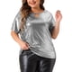 thumbnail image 1 of Blusa metálica de talla grande para mujeres, con cuello redondo y abertura, camiseta de manga corta, blusas de fiesta, top 3X plateado, 1 of 6