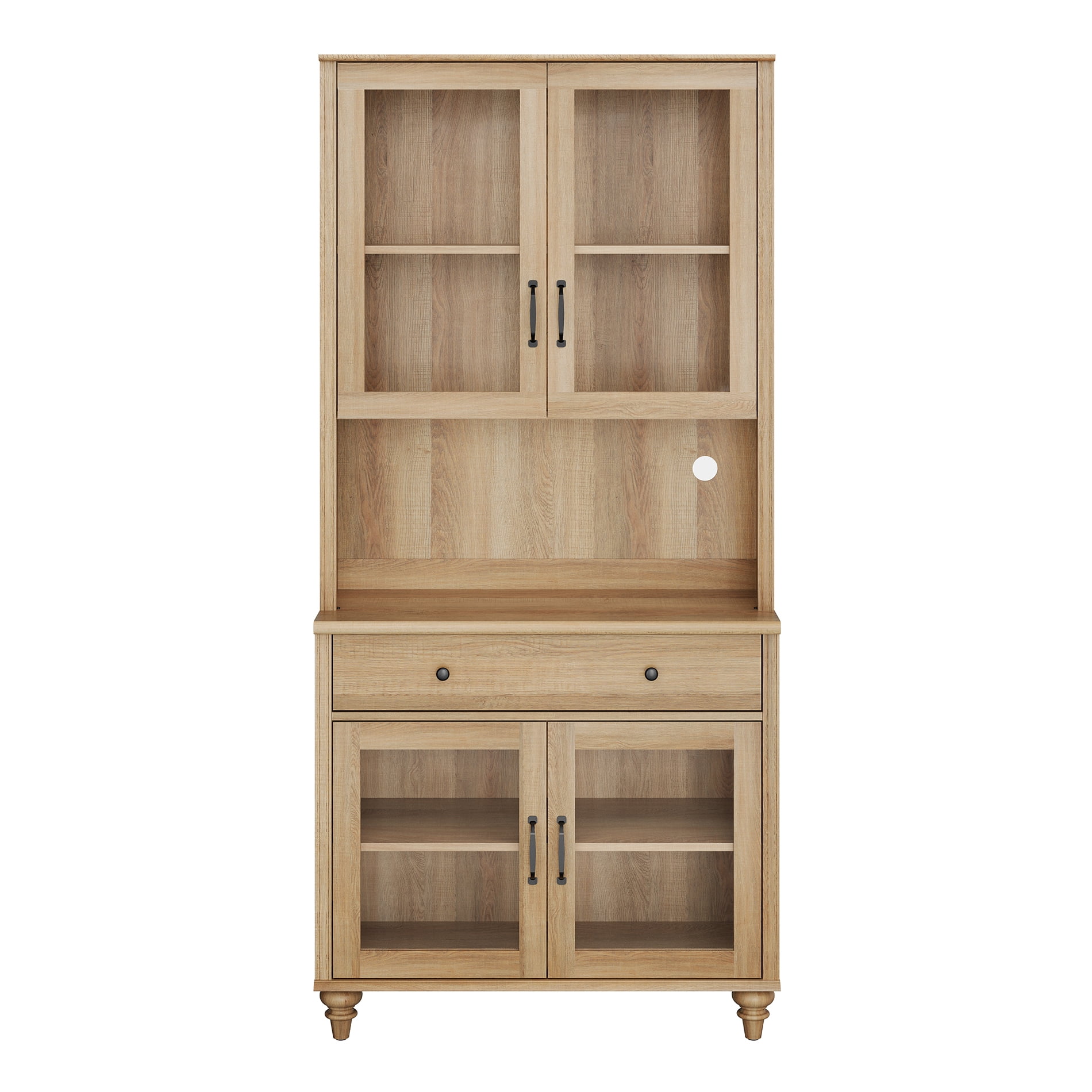 72"H X 33.9"W 5-Tier Farmhouse Display Bookcase with Glass Doors, Storage Cabinet & Wood Drawer, Wooden Bookshelf for Living Room, Office, Kitchen, Oak