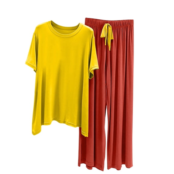 BUIGTTKLOP Pajama Sets for Women 2 Piece Short Sleeve Crewneck Tops Wide Leg Pants Lounge Sets Homewear