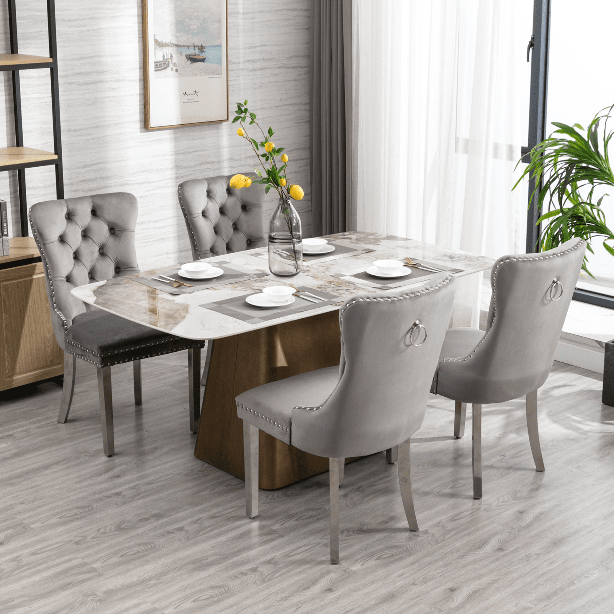 LegaHome Dining Chairs Set of 2, Modern Upholstered Velvet Dining Room Chairs with Nailhead Trim and Chrome Stainless Steel Plating Solid Wood Legs, Tufted Button Padded Chairs Set for Kitchen, Gray