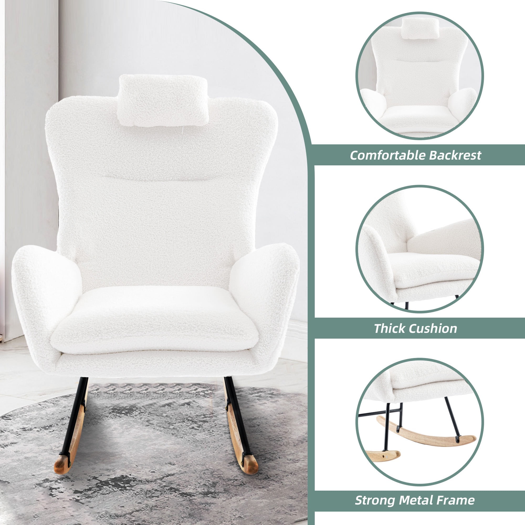 PAPROOS Modern Teddy Fabric Rocking Chair, Accent Rocker Chair with High Backrest for Nursery, Accent Glider Rocker for Living Room Bedroom Playroom, White