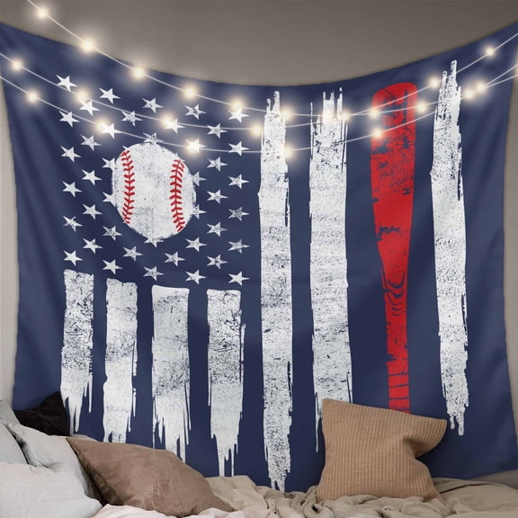 American Flag Tapestry for Bedroom Wall Hanging Tapestry, US Flag Baseball Stars Navy Blue Ceiling Backdrop Tapestries Poster Blanket Wall Decor for Teens Room Living Room Dorm 39" x 59"