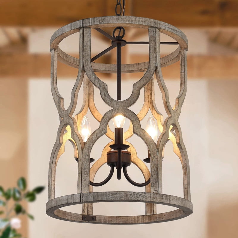 LNC 3-Light Distressed Grayish Wood and Rustic Bronze Cylinder Farmhouse Chandelier