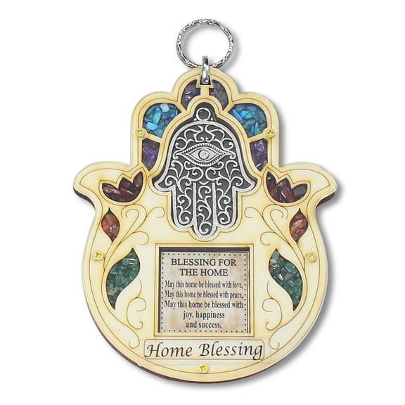 Wooden Hamsa Blessing for Home - in English - Good Luck Wall Decor with Simulated Gemstones, 6.5"
