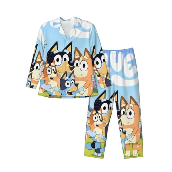 Zofaai Bluey Pattern Men's Two-piece Pajamas, Button-down Long-sleeved Pajamas with Pockets for Home Pajamas-Small