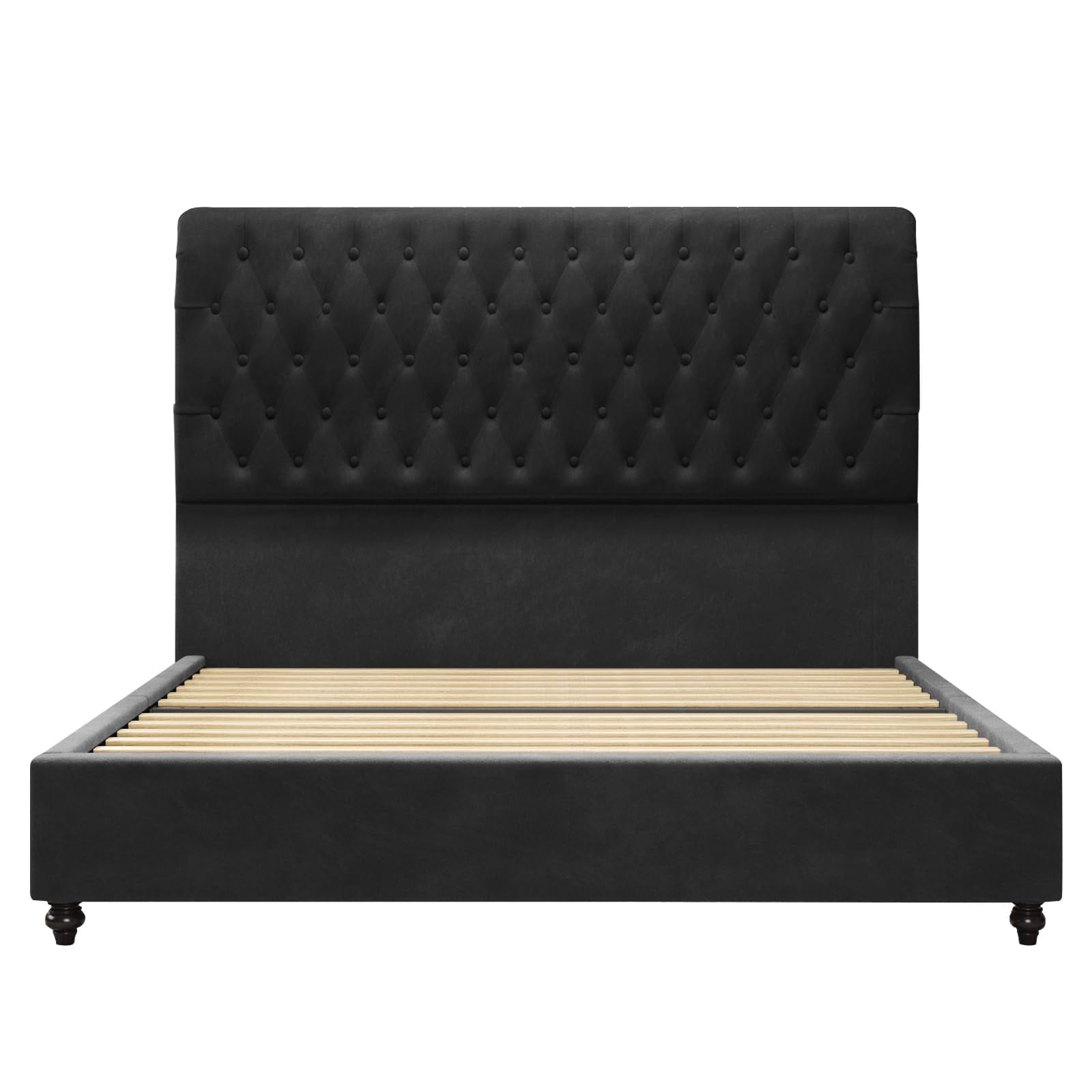 Merluxy Queen Platform Bed Frame with Velvet Upholstered,Button Tufted 52.8" Tall Sleigh Headboard,Black