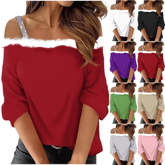 QIUOMBBP Off Shoulder Christmas Shirts for Women Solid Color Fluffy Fuzzy Neck Long Sleeve Tops Cute Teen Girls Clothes, Black, XL