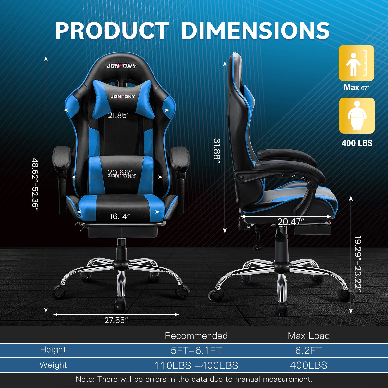 JONPONY Big and Tall 400LBS Gaming Chair, Ergonomic Design, Gamer Chair PU Leather with Footrest and Lumbar Support, High Back Office Chair Support 8 Hours Long Sitting, Computer Chair,Black Blue