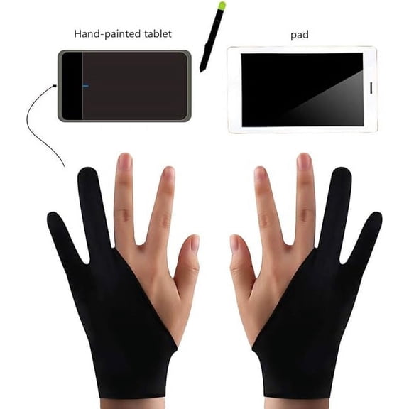 2Pcs Drawing Glove, Artist Glove, Black Spandex 2-Fingers Glove for Left and Right Hand Suitable for Tablet Pad Monitor Painting Paper Sketching, S: 7cm*18.5cm