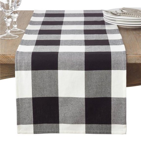 SARO  16 x 72 in. Rectangle Cotton Table Runner with Buffalo Plaid Pattern  Black