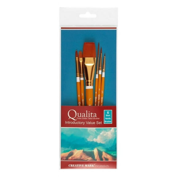 Creative Mark Qualita Golden Taklon Short Handle Paint Brush for Acrylics, Oils, Fine Art, Heavy Bodied Media - Brush Set - [Set of 6]