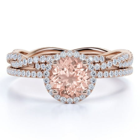 JeenMata Unique 1.5 Carat Round Cut created morganite and Moissanite Halo Wedding Ring Set in Rose Gold